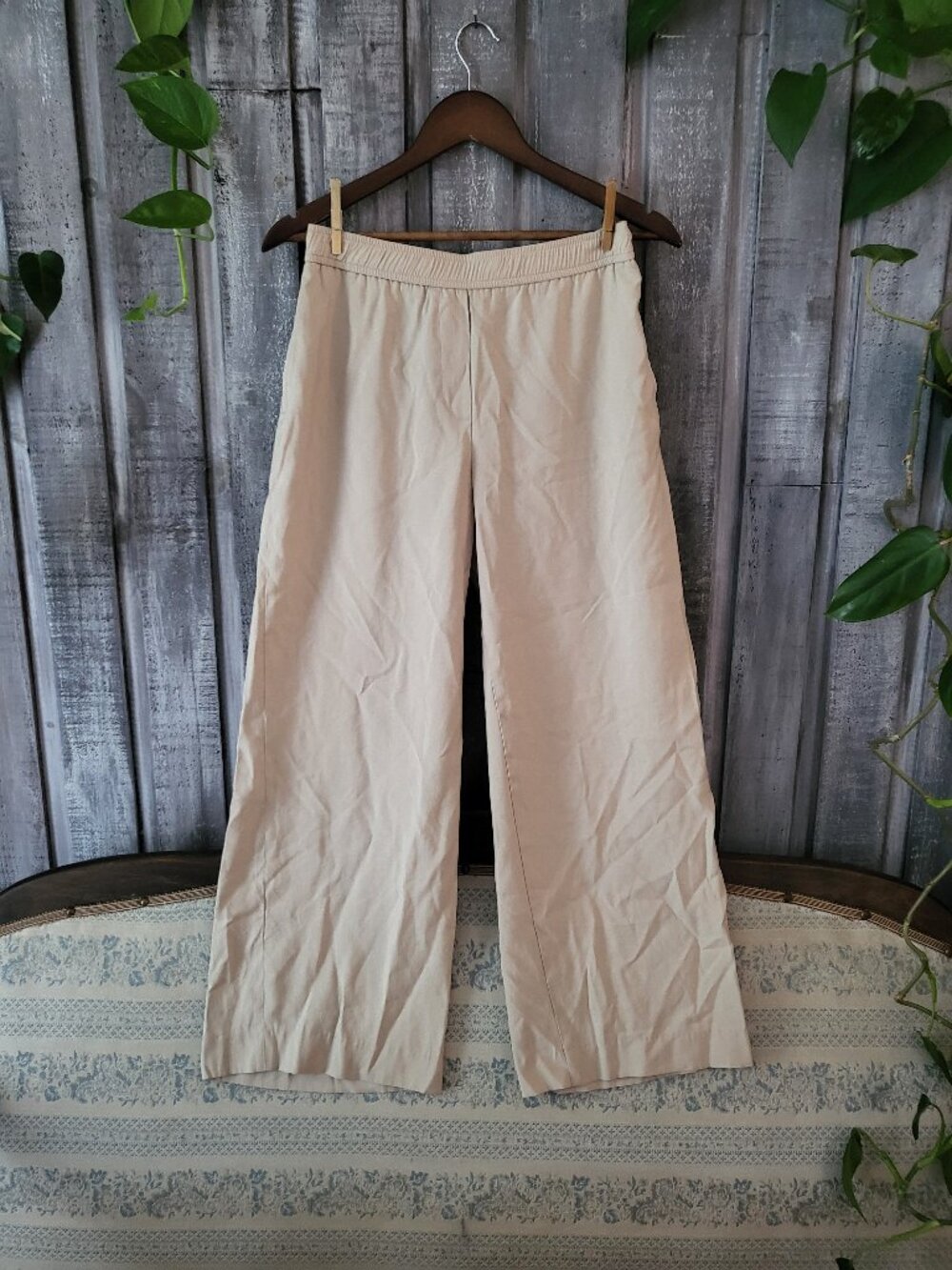 ZARA Beige Viscose Fluid Wide Leg Pants Elastic Waist S NWOT